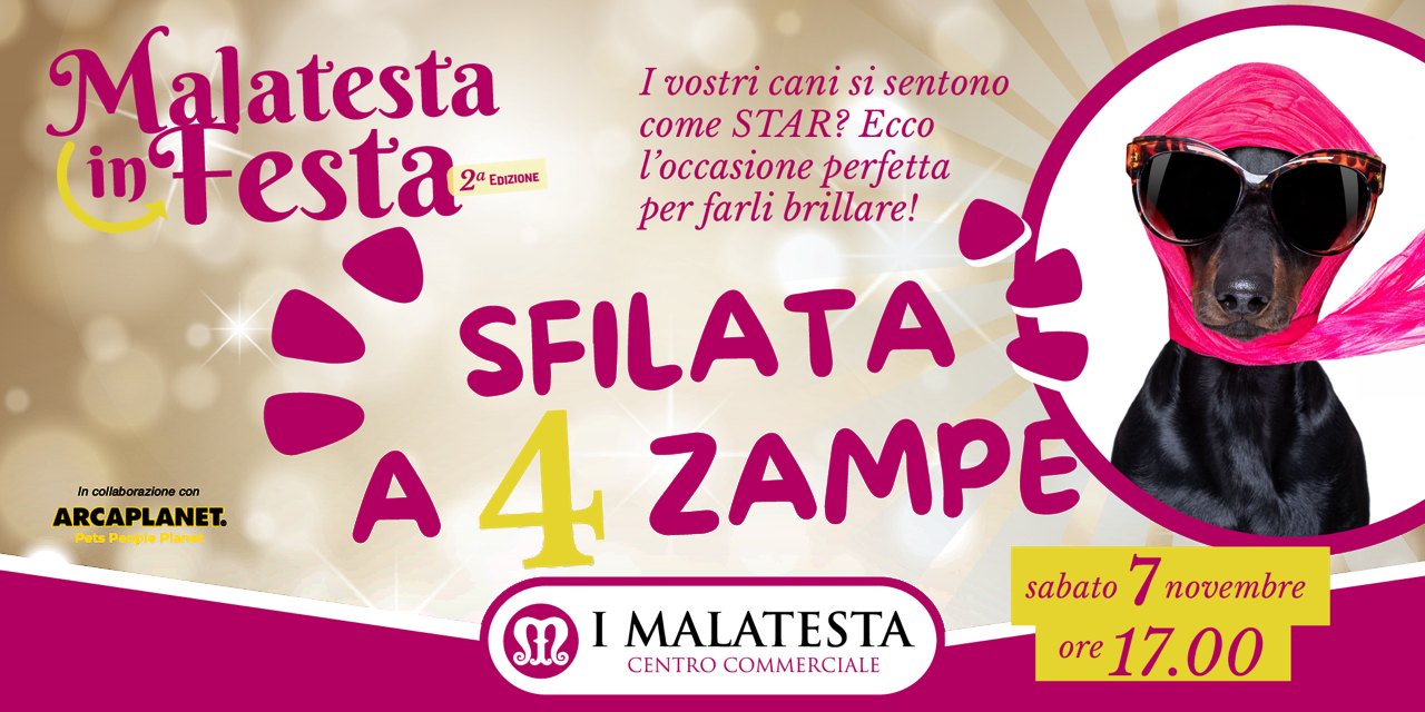 Malatesta in Festa, 2ª edizione. Sfilata a 4 zampe, sabato 7 novembre ore 17.00, Centro Commerciale I Malatesta, in collaborazione con Arcaplanet.